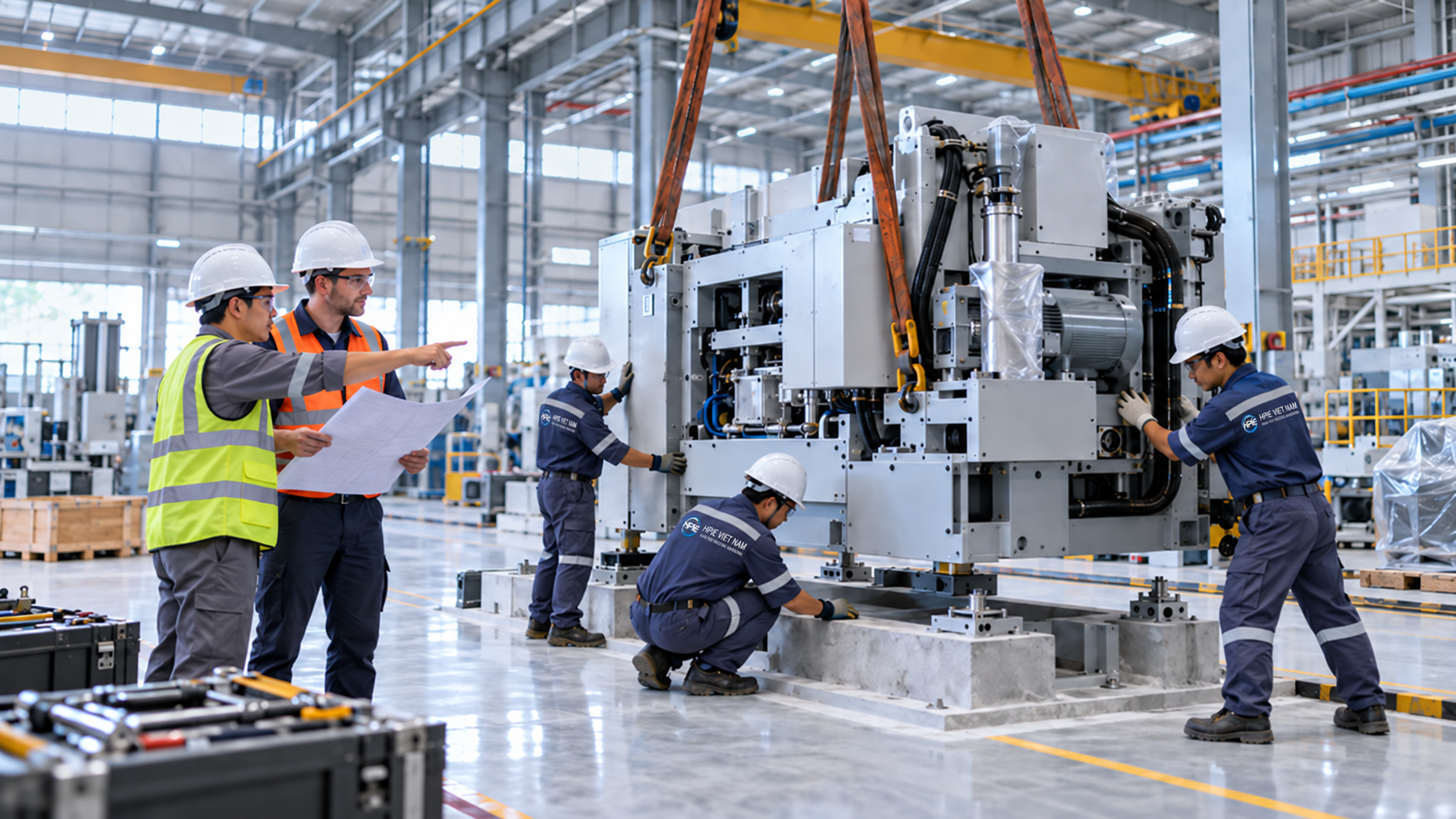 Illustration of engineers coordinating installation of industrial equipment